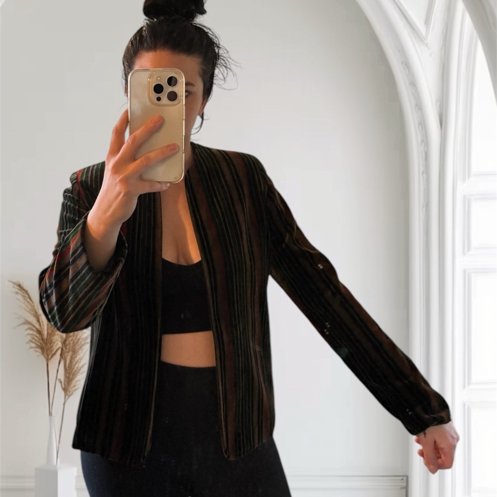 Vintage Velvet, black red and green striped jacket.